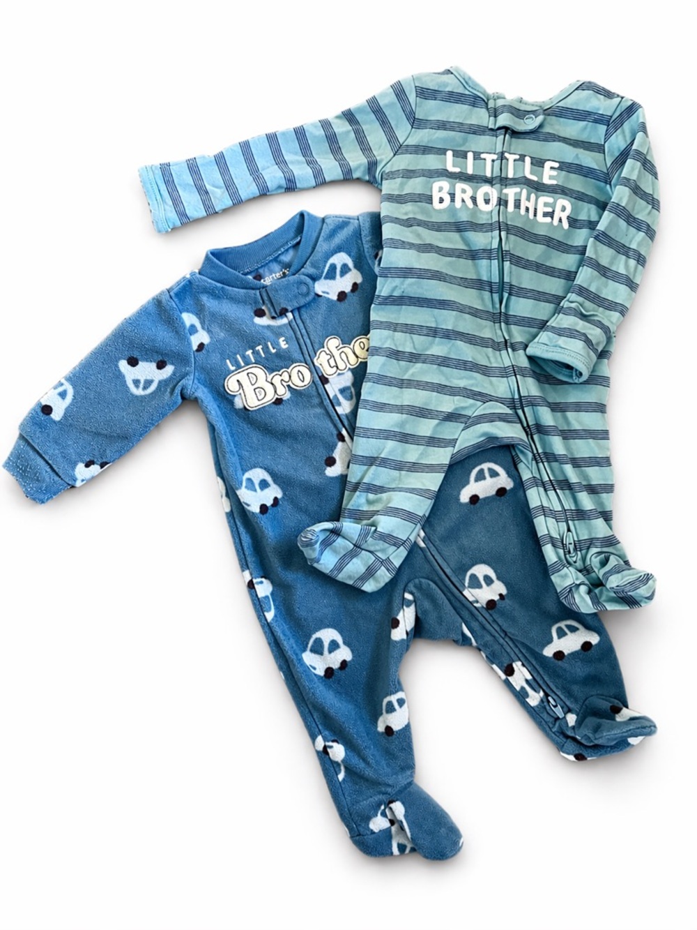 Carter's Blue Car Print & Striped 'Little Brother' Footed One-Pieces